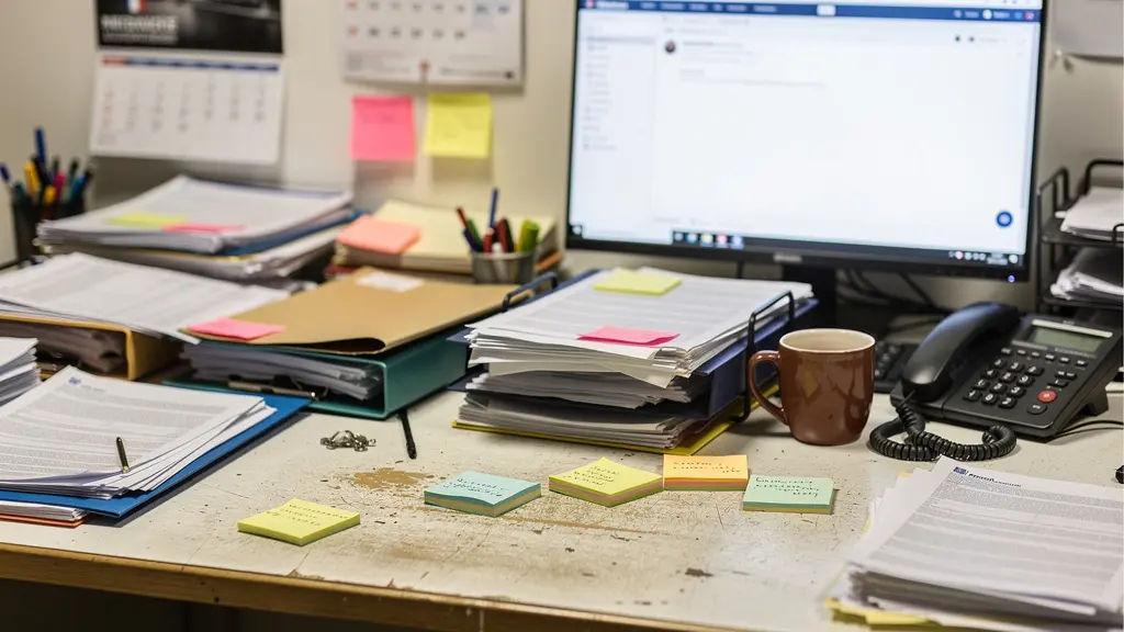 Bureau administratif désorganisé avec dossiers et post-its illustrant le chaos pré-digitalisation
