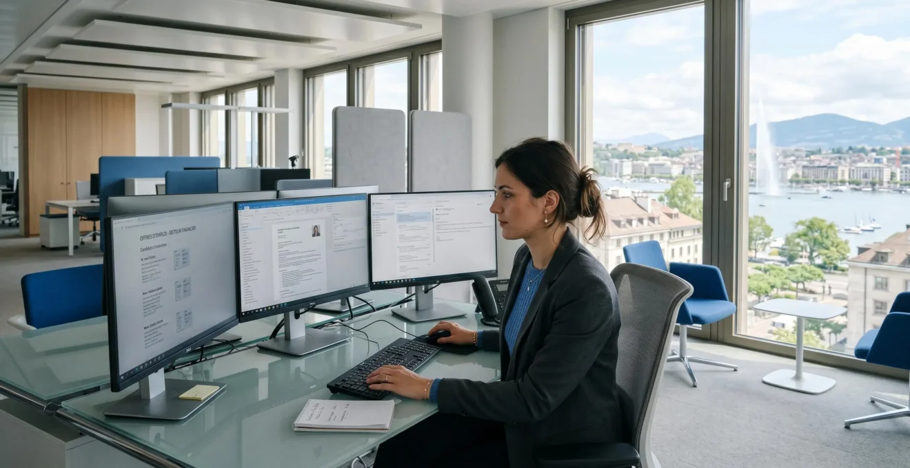 Consultant en recrutement analysant des profils de candidats sur plusieurs écrans dans un bureau moderne avec vue sur la ville suisse