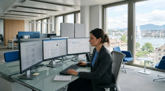 Consultant en recrutement analysant des profils de candidats sur plusieurs écrans dans un bureau moderne avec vue sur la ville suisse
