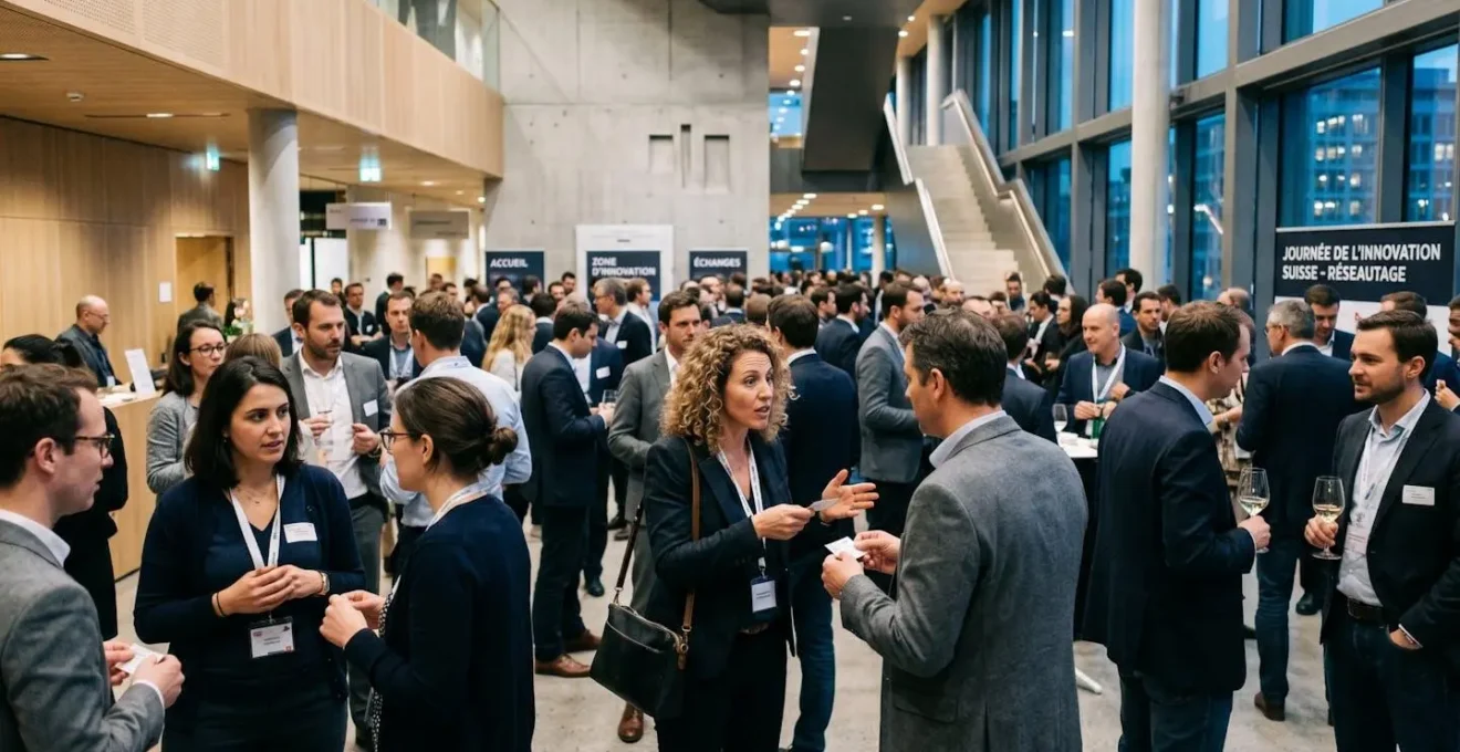 Professionnels échangeant lors d'un événement networking dans un espace tech moderne en Suisse