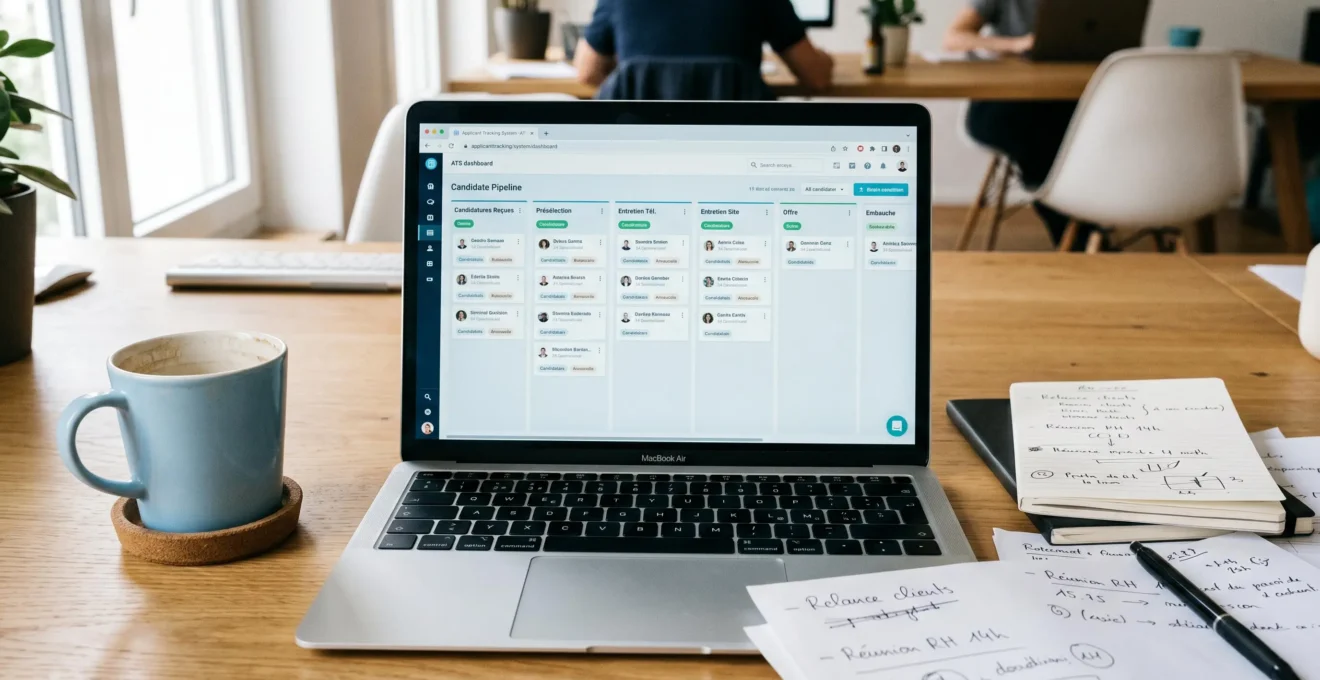 Workspace de recruteur avec multiples écrans montrant plateformes de sourcing digital et bases de données candidats